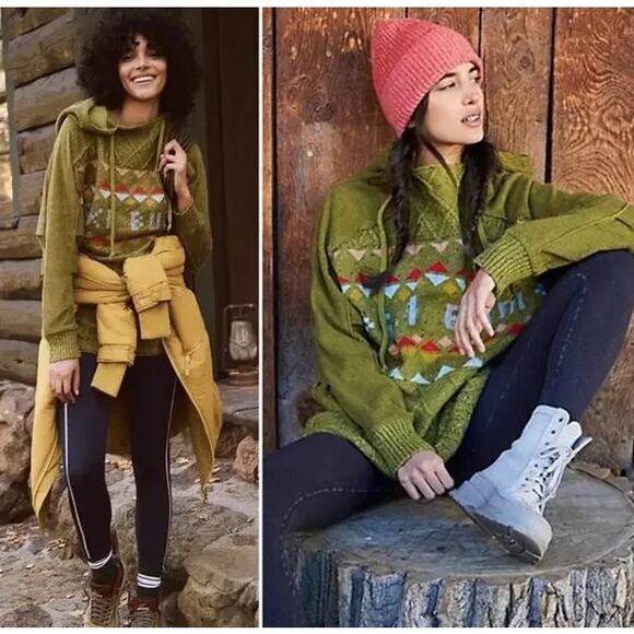 Free People Powder Bunny Sweater Ski Bum Fair Isle Chunky Knit Hooded Oversized - Picture 13 of 14